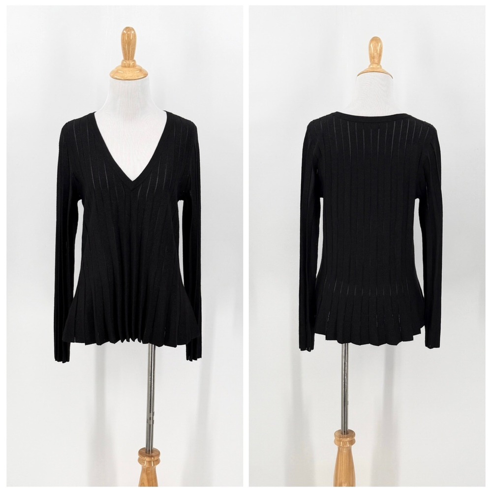 TWINSET Pleated Ribbed V-Neck Sweater Women Small Black Long Sleeve Knit Jumper